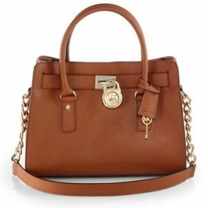 Michael Kors Hamilton Brown Saffiano Medium Satchel Shoulder Handbag EUC Brown
